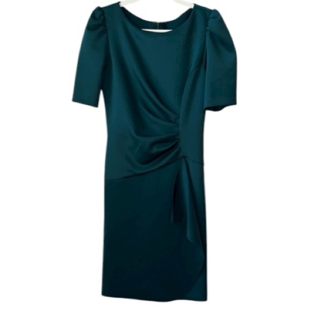 Xscape Ruched Hunter Green Puff Sleeve Short Sleeve Sheath Scuba Dress Size 12 - Picture 4 of 10